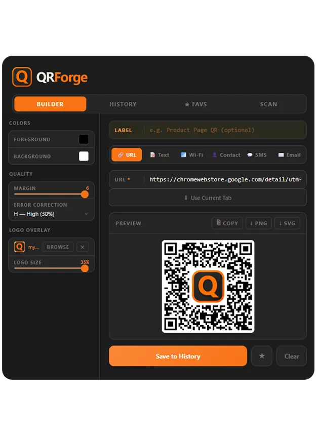 QR Forge Chrome extension creating a branded QR code