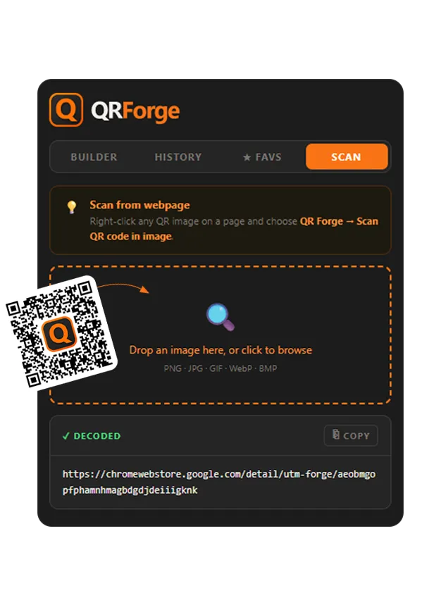 QR Forge Chrome extension creating a branded QR code
