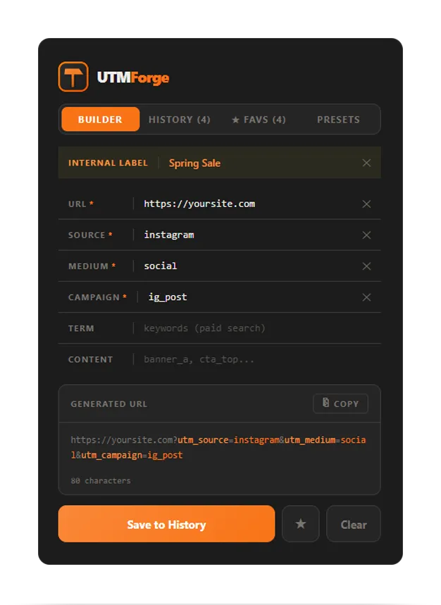 UTM Forge Chrome extension building a tagged campaign link